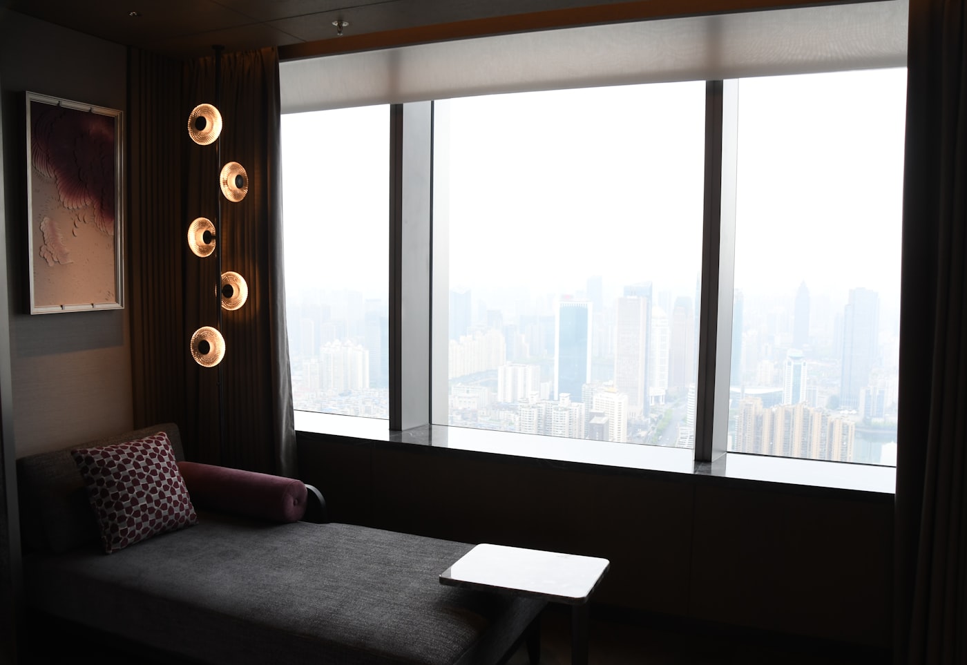 A hotel lounge overlooking the city